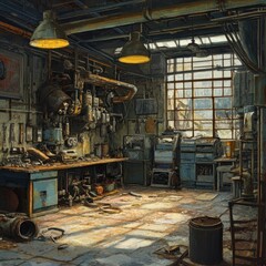 A cluttered, sunlit workshop with tools, machinery, and industrial equipment, featuring large windows and a gritty, vintage atmosphere.