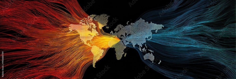 Aufkleber Abstract Motion Lines Create a Dynamic Separation Between Two Halves of a World Map Against a Dark Background Generative AI