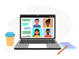 people connecting together learning meeting online teleconference video conference remote working laptop computer work from home anywhere illustration