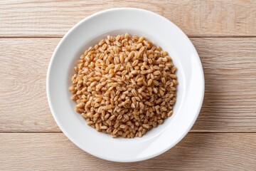 A white bowl filled with cooked whole grains sits on a light wooden table.