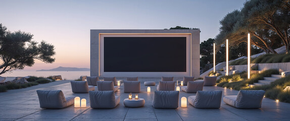 Luxurious outdoor cinema experience with comfortable seating and coastal sunset ambiance
