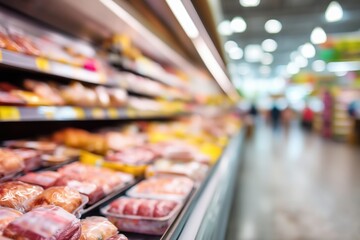 Refrigerated Meat Display In A Well Lit Grocery Store Aisle