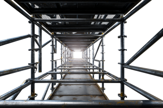 View through scaffolding structure towards bright light ahead