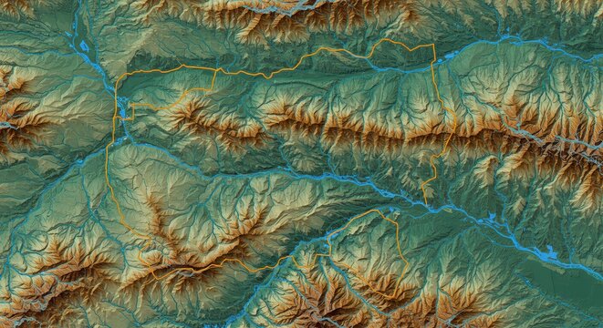 Topographic map of mountain landscape with rivers