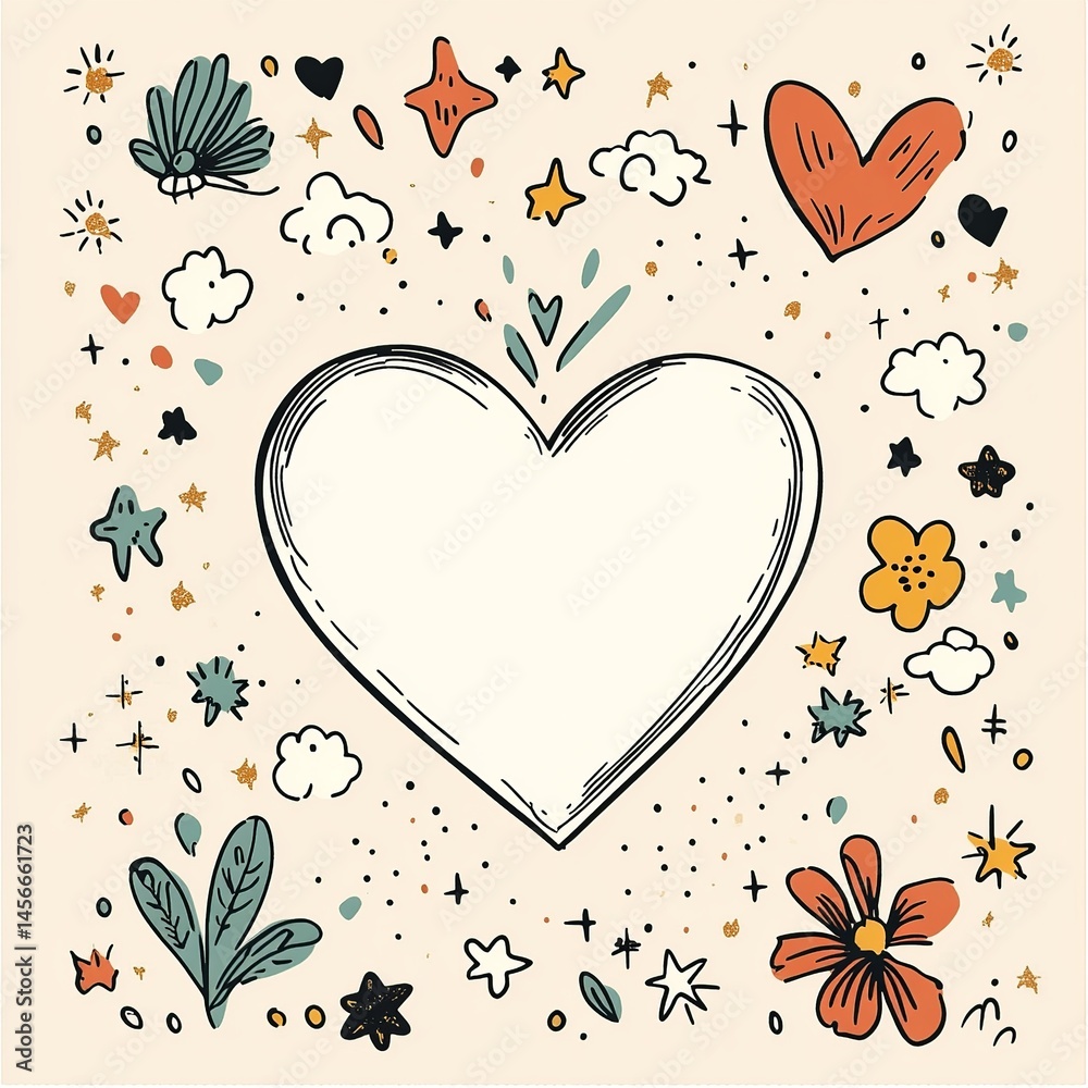 Poster greeting card with floral background and a central heart shape featuring blank space for personalize