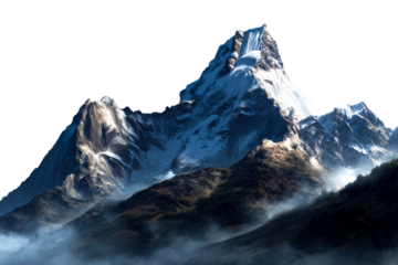 Majestic mountain peak surrounded by mist and rocky terrain