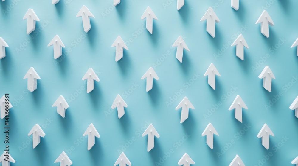Poster Arrows Pointing Upwards in a Pattern on Blue Background Top-Down View Symbolizing Growth Success and Directional Movement in Business and Life
