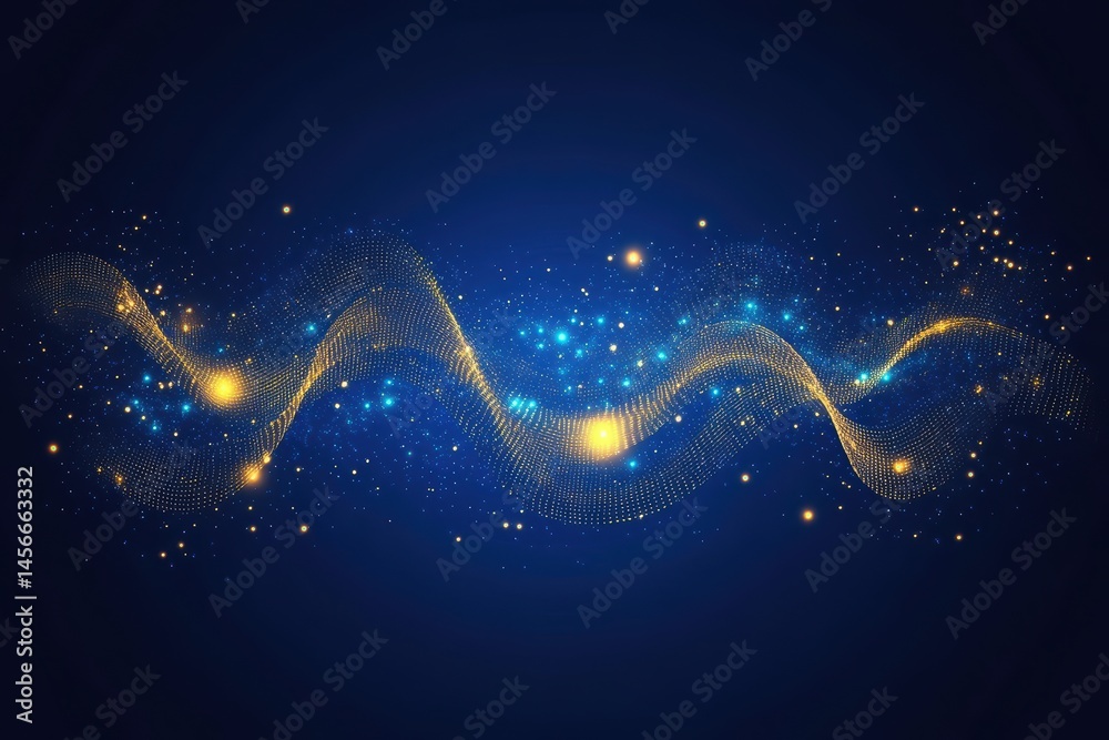 Poster abstract golden wave on dark blue background with glowing particles and stardust digital art