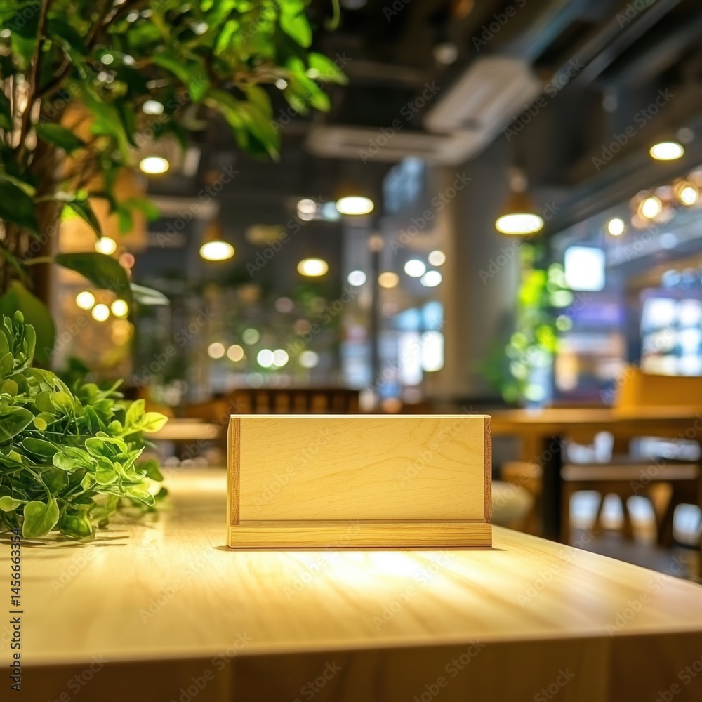 Aufkleber blank wooden table tent on restaurant table in soft focus inviting atmosphere for custom message or 
