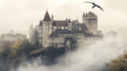 Misty Medieval Fortress with a Dragon
