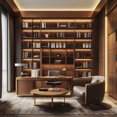 Fototapeta premium Modern Executive Suite with Rich Wooden Textures, Floor-to-Ceiling Bookshelves, and Ambient Lighting – Elegant Design for Luxury Offices, Business Interiors, and High-End Workspaces