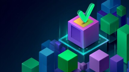 A futuristic concept featuring a glowing cube with a check symbol, rendered in 3D digital blockchain technology