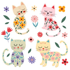 set of isolated cute cat with flowers