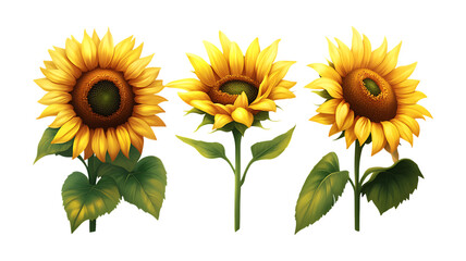Obraz premium Collection Pack of Three Vibrant Sunflowers HighResolution Image for Design Projects set against transparent background
