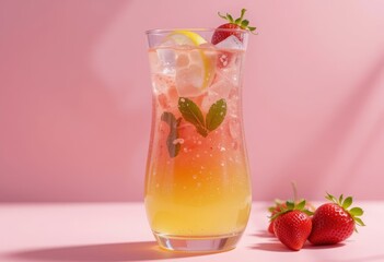Iced strawberry basil lemonade in a curved glass with vibrant layered gradient and condensation on pastel pink background Generative AI