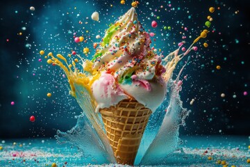 Colorful ice cream cone with sprinkles and splash against blue backdrop view