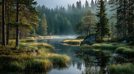 Fototapeta premium Misty summer morning flooded meadow in Oulanka National Park Northern Finland. Lush green forest trees in fog. Early sunrise over wetlands. Peaceful tranquil nature landscape in wilderness