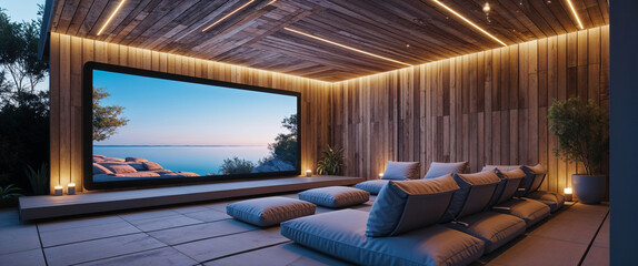 Luxurious outdoor home theater experience with comfortable seating and stunning coastal views