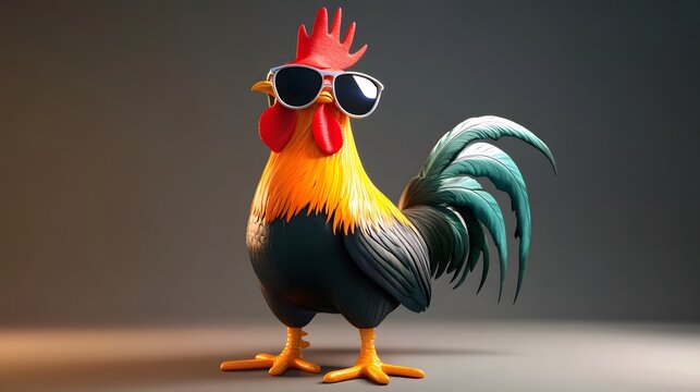 A stylized rooster wearing sunglasses presented in a vibrant digital design.