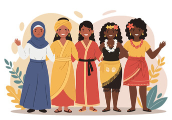 Adobe Illustrator Artwork Vibrant flat vector illustration celebrating Woman Power! Diverse women stand united, showcasing multicultural strength and empowerment