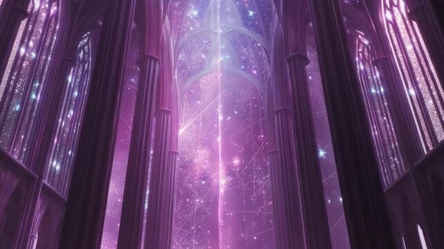 This Glowing light projections create a sacred atmosphere in a modern cathedral's dome and spire.