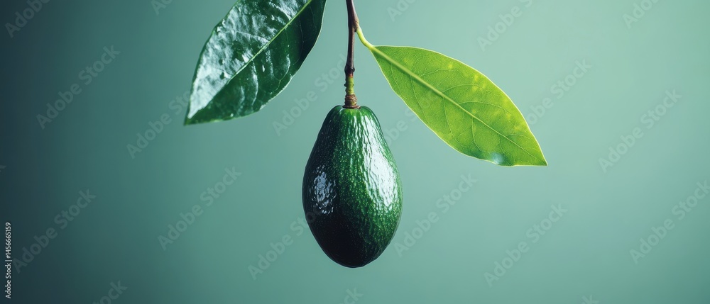 Poster single avocado hanging from branch against soft green background in studio lighting