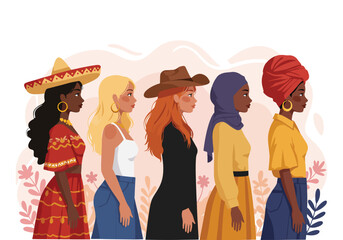 Adobe Illustrator Artwork Vibrant flat vector illustration celebrating Woman Power! Diverse women stand united, showcasing multicultural strength and empowerment