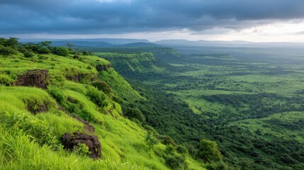 Obraz premium Serene Green Valley Landscape Breathtaking Vista from Clifftop with Lush Grasslands and Rolling Hills