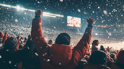 Enthusiastic crowd cheering in a snowy stadium.