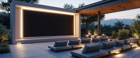 Fototapeta premium Luxurious outdoor home theater with comfortable seating and scenic mountain views