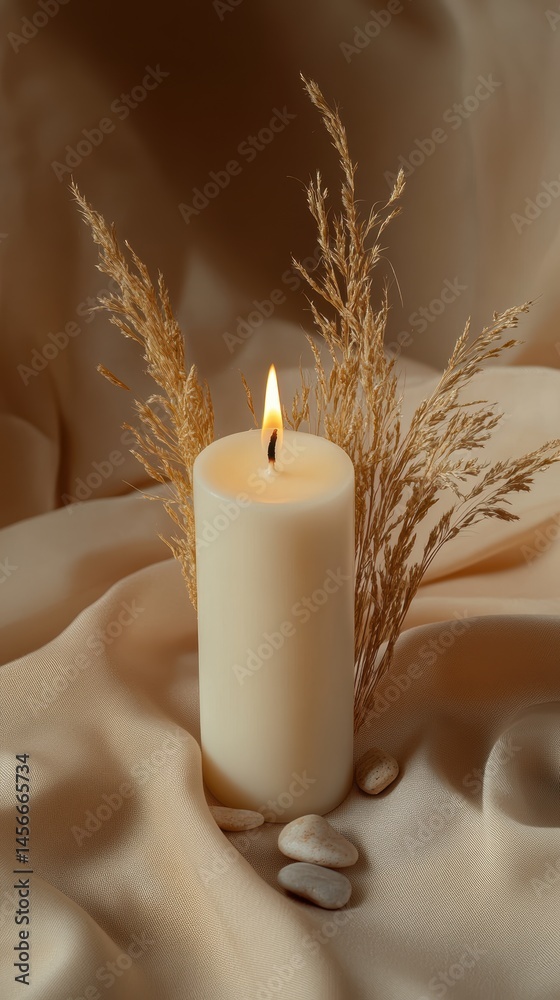 Aufkleber Lit candle with flame on beige fabric with pampas grass and stones in studio setting for relaxation and spa