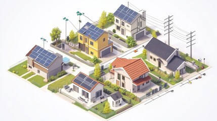 High-detail 3D visualization of a decentralized solar microgrid connecting rural homes - realistic isometric layout, solar panels, underground cables, smart meters, white background