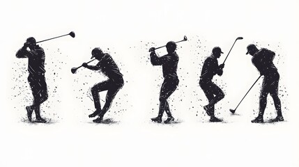 Silhouettes of golfers in various swings, dynamic motion captured.