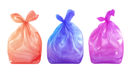 Set of Three Colored Garbage Bags Against Transparent Background