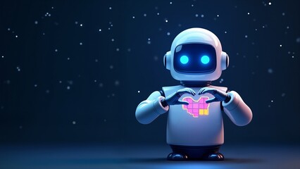 A robot with blue eyes holding a heart in his hands.