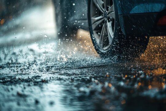 Joburg car driving in rain, puddles, windscreen wipers working, hydroplaning risk, stormy roads, headlights on, rainy season traffic, Joburg road safety, Joburg ETC
