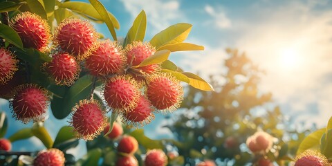 Lush Red Fruits with Spiky Skin Under Bright Sky at Sunset