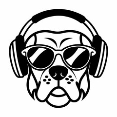 Cool bulldog with sunglasses and headphones listening to music in black and white.