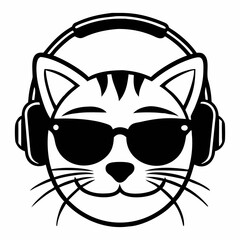 Black and white illustration of a cool cat wearing headphones and sunglasses.