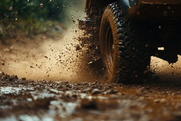Close-up of muddy bike tire splashing through mud, off-road vehicle driving on muddy terrain 