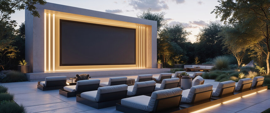 Luxurious outdoor home theater with modern design and comfortable lounging area at sunset