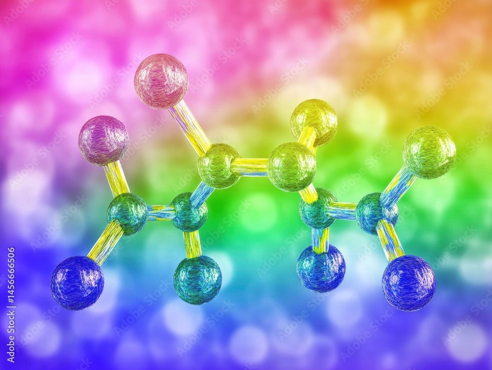 Poster molecular structure illustration showing bonding of atoms on colorful bokeh background science educa