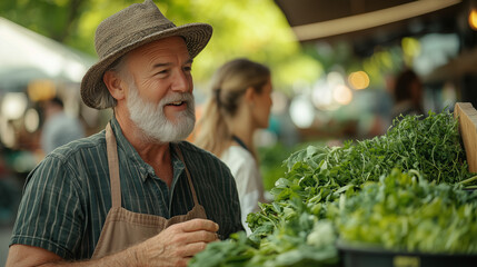  farmer chatting with customers at a farmer's market