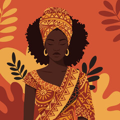 Vibrant flat vector illustration of a serene African woman wearing a colorful traditional turban and patterned attire. Embodies African beauty and culture