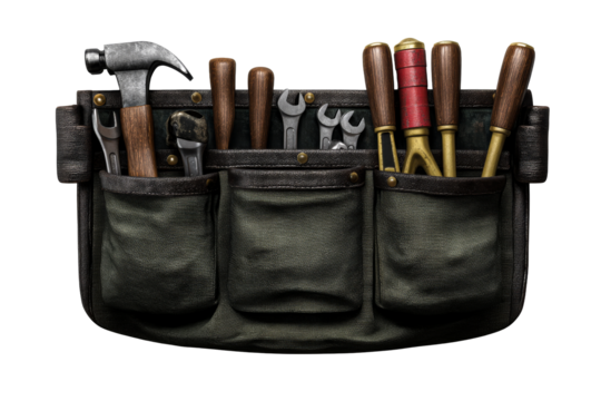 Tool belt with various tools displayed against a transparent backdrop