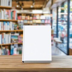 Blank white book cover stands on wooden table in bookstore cafe for design mockup template close up