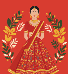 Adobe Illustrator Artwork Vibrant flat vector illustration of a serene Indian woman in traditional saree attire, adorned with jewelry. Captures the beauty and elegance of Indian culture