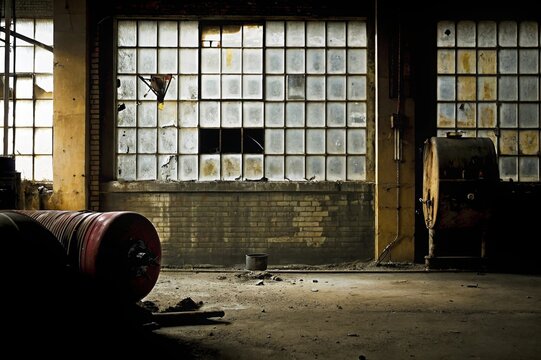 Exploring the remnants of industry an abandoned factory in a gloomy urban landscape with broken windows and graffiti evidence of poverty