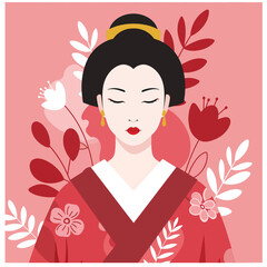 Adobe Illustrator Artwork Elegant flat vector illustration of a Japanese woman in a traditional kimono. Vibrant colors and stylized design evoke Japanese beauty and culture