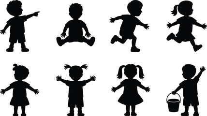 Children Cartoon Silhouettes: Happy Kids Vector Pack